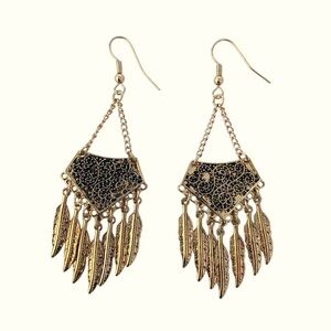 Gold-Tone Textured Scrolls and Feathers Dangling Pierced Earrings